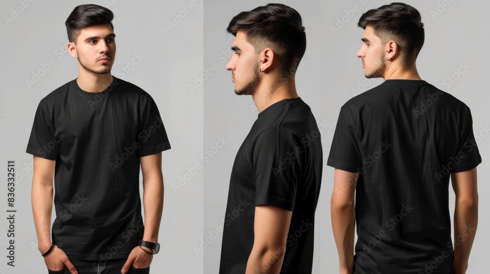 Poster Young hispanic man with colorful hair wearing black casual t-shirt. Side, back and front view mockup template for printed t-shirt design mockup