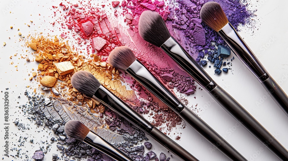 Poster close-up of colorful makeup brushes with eyeshadow and blush on a white background. generative ai
