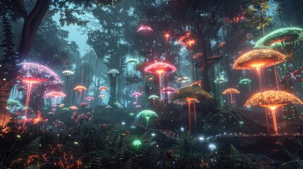 Naklejka premium 3D futuristic forest featuring glowing flora, hovering platforms, and advanced bio-domes. 3D futuristic landscape