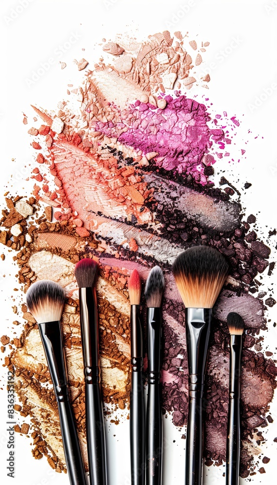 Poster a close-up shot of makeup brushes with eyeshadow and blush scattered around them on a white backgrou