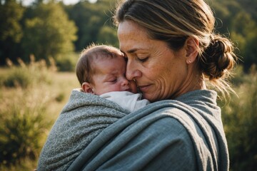 Fototapeta premium Mother carrying baby sleeping in her arms