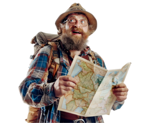 Tourist with a map happy for destination on transparent background