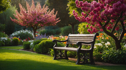 Beautifully Landscaped Garden with Blossoming Trees and Wooden Bench