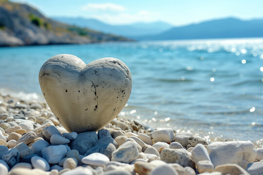 Vacation summer holiday travel tropical ocean sea panorama - Close up of stone heart on stone beach, with ocean or lake landscape in the background closeup


