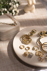 Collection of Elegant Fantasy Golden Jewelry on Display. Retail sale.