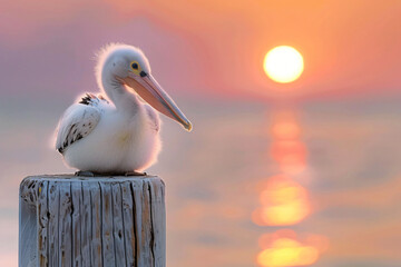 A baby pelican is sitting on a wooden post by the ocean