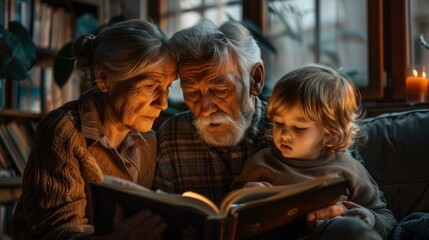 Fototapeta premium Senior Couple and Toddler Reading Book by Candlelight in Cozy Home Library. Generative ai