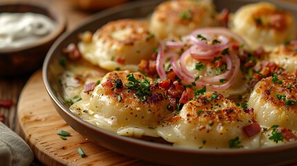 A classic plate of pierogi, featuring golden-brown dumplings filled with potatoes and cheese, garnished with sautéed onions and crispy bacon bits.