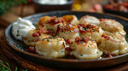 A classic plate of pierogi, featuring golden-brown dumplings filled with potatoes and cheese, garnished with sautéed onions and crispy bacon bits.