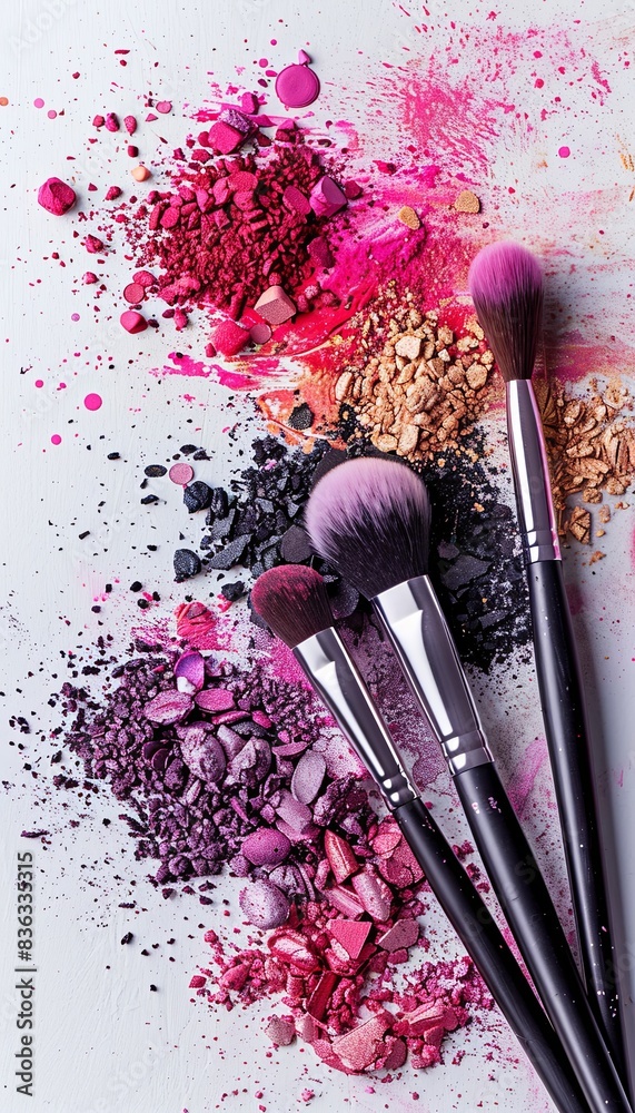 Poster close-up shot of makeup brushes with colorful eyeshadow and blush scattered around them on a white b