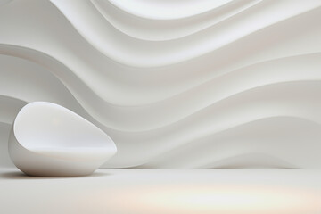 illustration of white futuristic chair in a room with abstract white 3d wall, wavy structure, white floor
