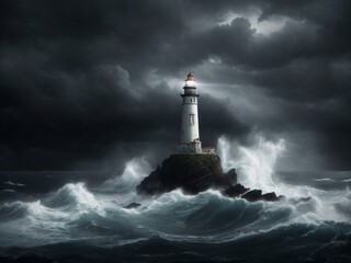 "The Solitary Lighthouse: A Haunting Image of Isolation and Melancholy on a Stormy Night by the Sea"