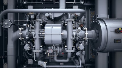 Fototapeta premium Top view of air compressor mechanism, 3D render, flat design, industrial theme, monochromatic colors. Perfect for technical and engineering visuals