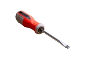 Isolated screwdriver tool for screws. Maintenance, repair driver. White background toolkit for home. Carpenter fix symbol, technician furniture. Red business slot, close long