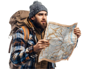 Portrait of a traveler map in his hand on transparent background