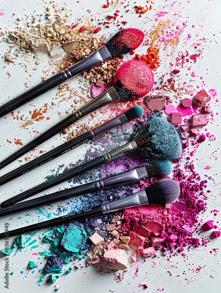 Poster a close-up of makeup brushes covered in colorful eyeshadow and blush on a white background. generati