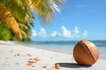A coconut shell on the beach with a palm tree in background



