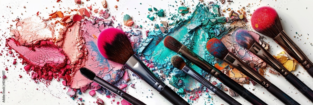 Poster a close-up of colorful makeup brushes with vibrant eyeshadows and blushes scattered on a white surfa