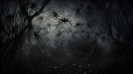 Spider web silhouette against black wall - halloween theme dark background. 