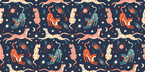Dreamlike seamless wallpaper. Vintage celestial backdrop with playful cheetah in a cosmic space among the stars. Contemporary stylized hand drawn background. Trendy sacred bohemian aesthetic. © Vigurskaia Sofiya
