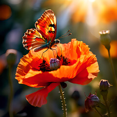 Butterfly sitting on a poppy