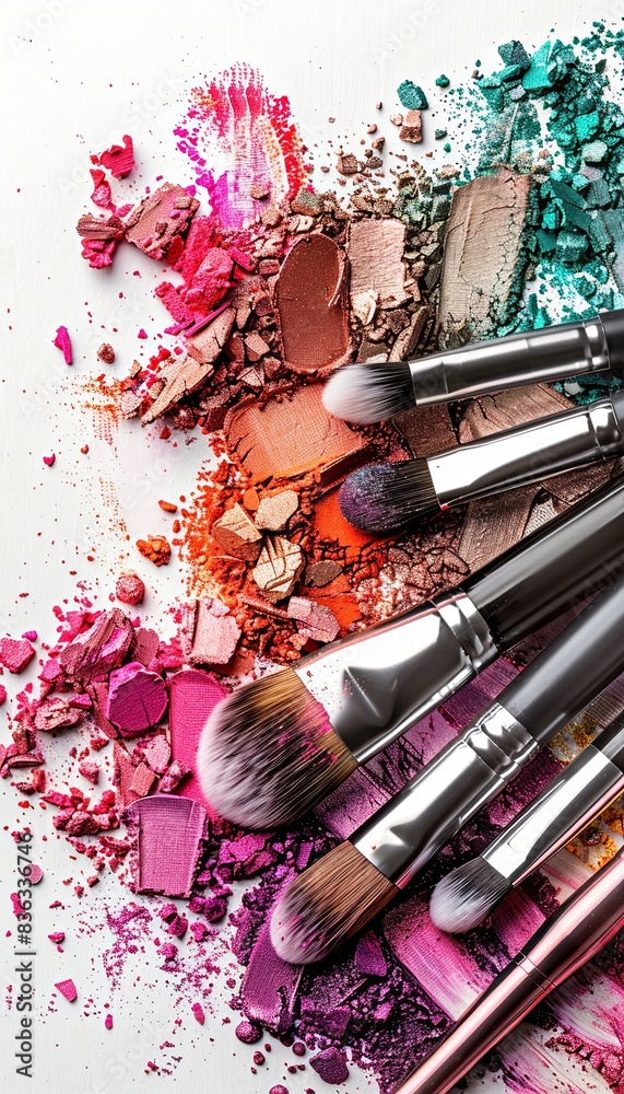 Poster a close-up image of various makeup brushes covered in vibrant eyeshadow and blush on a white backgro