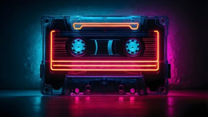 cassette with neon lights. nostalgia for the nineties. A music-listening audio cassette.cassette with neon lights. nostalgic longing for the 1990s. an audio cassette for listening to music.