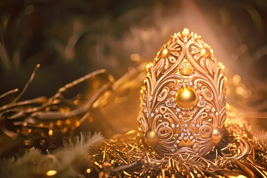 Golden Easter Egg Isolated, Luxury Jewelry Gift, Fantasy Abstract Faberge Imitation, Generative AI Illustration