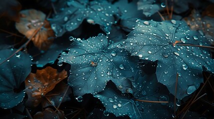 Glistening dew drops on leaves in the heart of a forest.