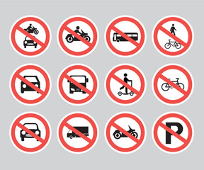 Red Prohibition Vehicles Sign Set. No Motor Bike, No Vehicles, No Bicycles, No Automobiles. Trucks, Buses, Vans, Scooters, Bicycles and Motorcycles Not Allowed. Vector.