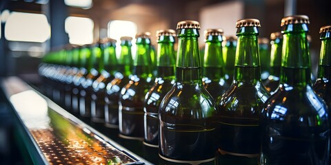Efficient Beer Bottle Production on Conveyor Belt. Concept Automated Manufacturing, Industrial Efficiency, Conveyor Belt Systems, Brewery Operations, Beer Bottle Production