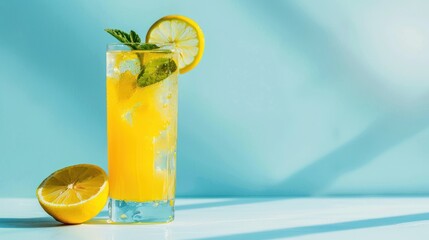 Cocktail refreshing lemon drink on summer blue background