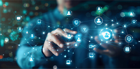 hand pushing a button on a touch screen interface Businessman touching on digital network connection with data and social media icon in futuristic interface technology, virtual screen background