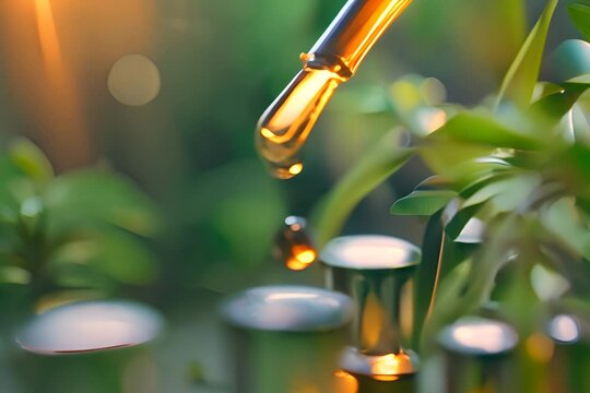 Herbal Plaint and Pipette Over Test Tube, Dropping Sample Chemical into Green Tubes, Biotechnology Research Concept, Generative AI Illustration