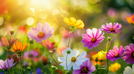 Fototapeta premium Beautiful wild flowers chamomile, purple wild peas, butterfly flower background design.