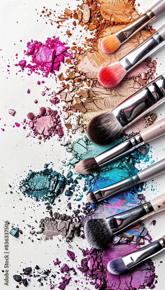 Poster close-up of various makeup brushes covered in colorful eyeshadow and blush against a white backgroun