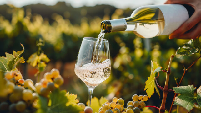 A fresh chilled glass of ice wine overlooking a vineyard during a Summer sunset