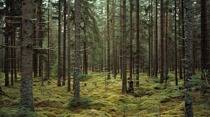 Fototapeta premium A dense pine forest in northern Europe, with tall trees and mosscovered ground, showcasing the natural beauty of an old growth woodland