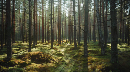 Obraz premium A dense pine forest in northern Europe, with tall trees and mosscovered ground, showcasing the natural beauty of an old growth woodland