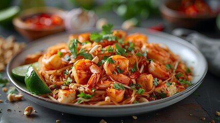 A close-up view of a traditional Pad Thai, featuring stir-fried rice noodles, shrimp, tofu, bean sprouts, and crushed peanuts, garnished with lime wedges and fresh cilantro.