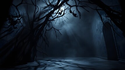 Spider web silhouette against black wall - halloween theme dark background. 