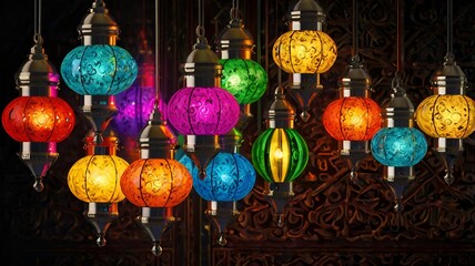 Granater AI  Colorful hanging lamps illuminate a dark room, casting a warm and vibrant glow.