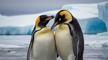 two penguins standing next to each other on some iceberg