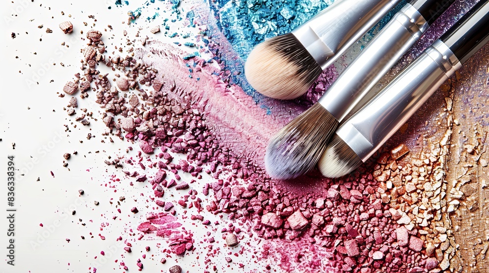 Aufkleber close-up of makeup brushes covered in colorful eyeshadow and blush, arranged artistically against a 