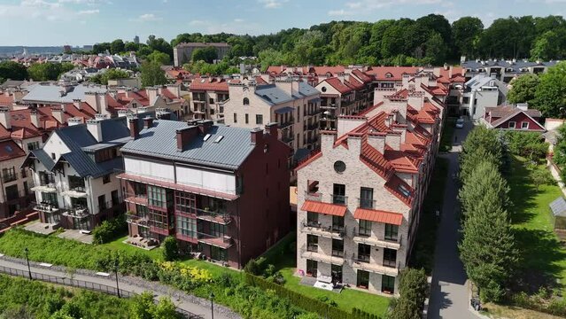 Aerial 4K Drone Footage of Paupys and Uzupis Residential Districts in Vilnius, Lithuania - Historic and Modern Urban Living