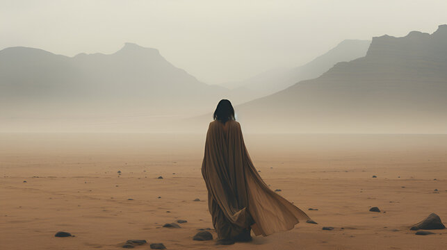 Woman on desert_ cinematic art minimalistic photo person in desert dry land_sci-fi future_apocalypse theme