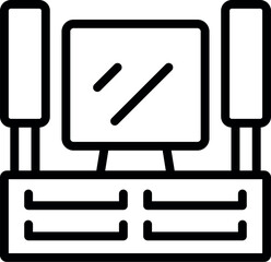 Black and white line icon of a minimalist desk setup with computer and drawers