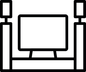 Minimalist black line illustration of a desktop computer with speakers on a white background