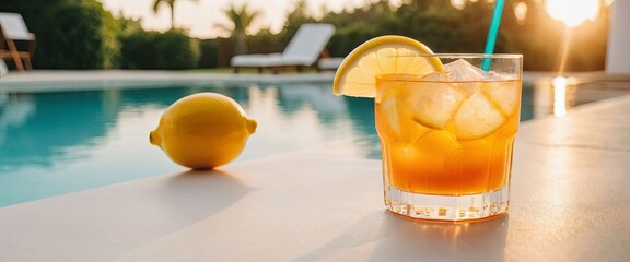 Glass of lemonade with ice and a lemon wedge sits on the edge of a pool, with a whole lemon nearby