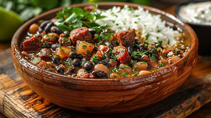 A delicious serving of feijoada, with black beans, pork ribs, sausage, and bacon, served in a rustic clay bowl.